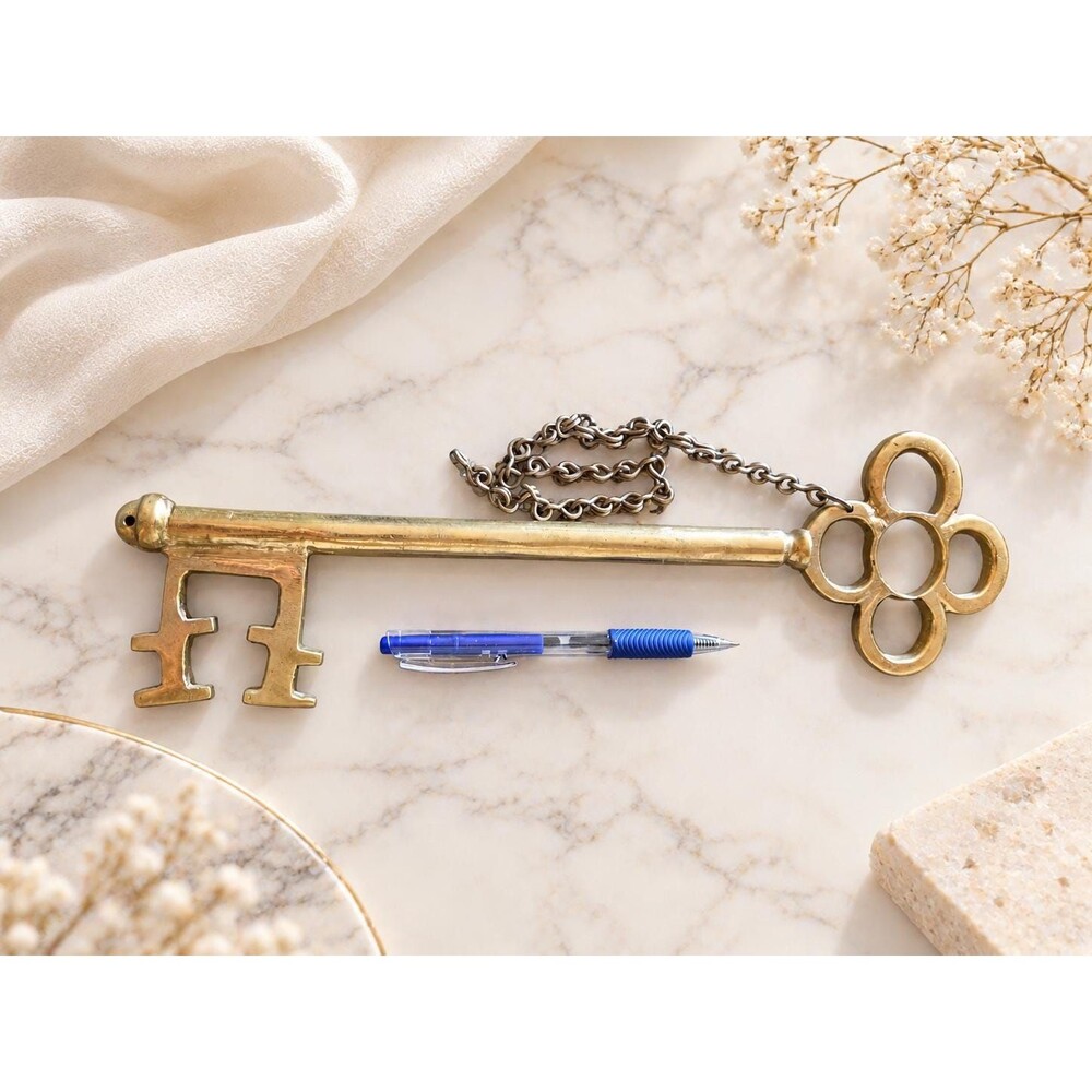 Vintage Oversized Brass Skeleton Key with Chain – 13.5"